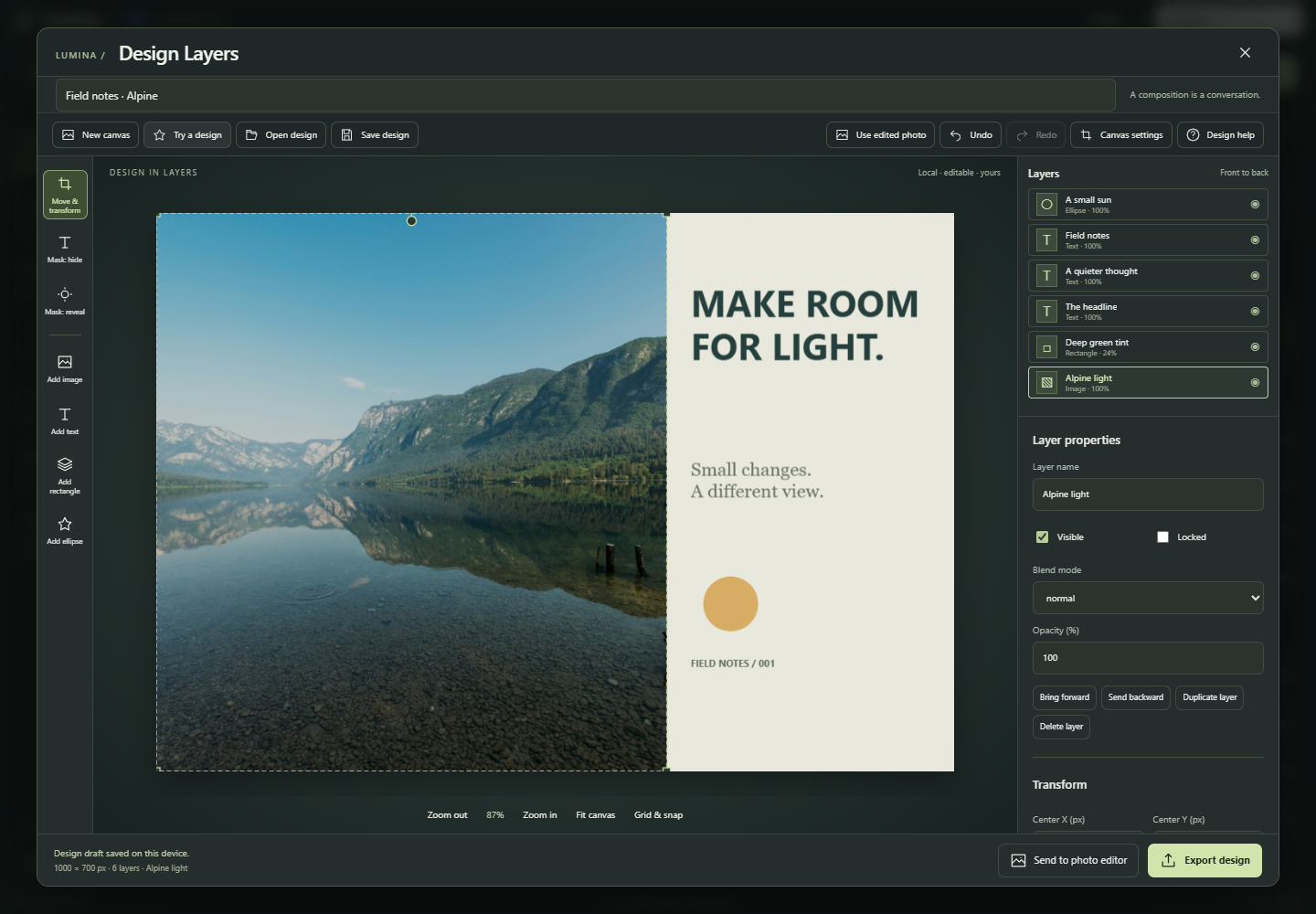 Lumina Design Layers arranging an alpine cover with editable photo, tint, typography and shapes, a layer stack and transform controls