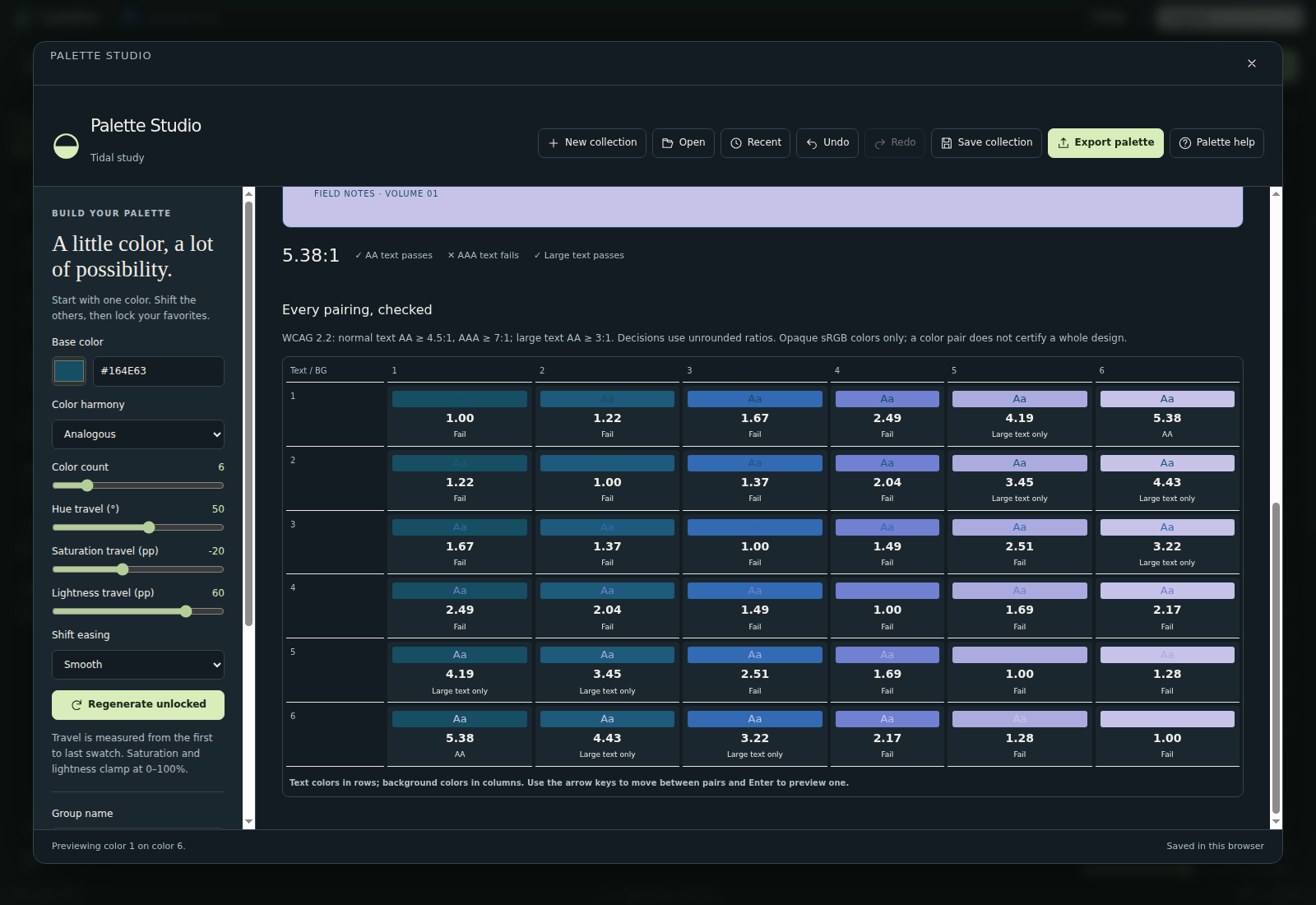 Palette contrast matrix with readable ratios and small color-pair previews