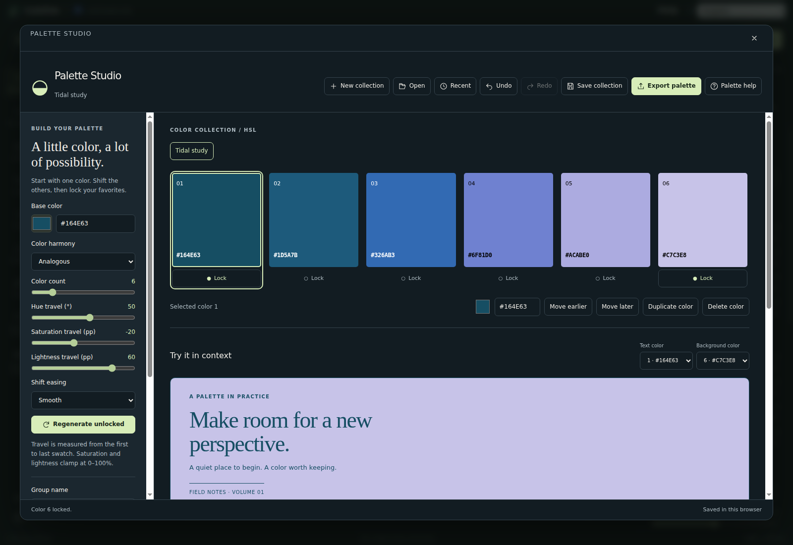 Lumina Palette Studio with editable colors and an HSL generator