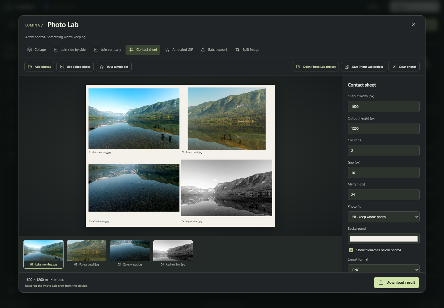 Lumina Photo Lab with four alpine photos arranged in a contact sheet, an ordered filmstrip and layout controls