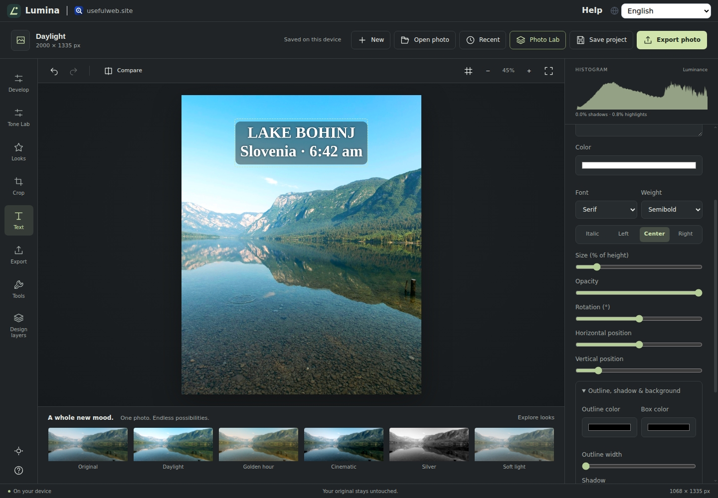Lumina text panel with a two-line serif caption on a translucent rounded box over a portrait crop of an alpine lake