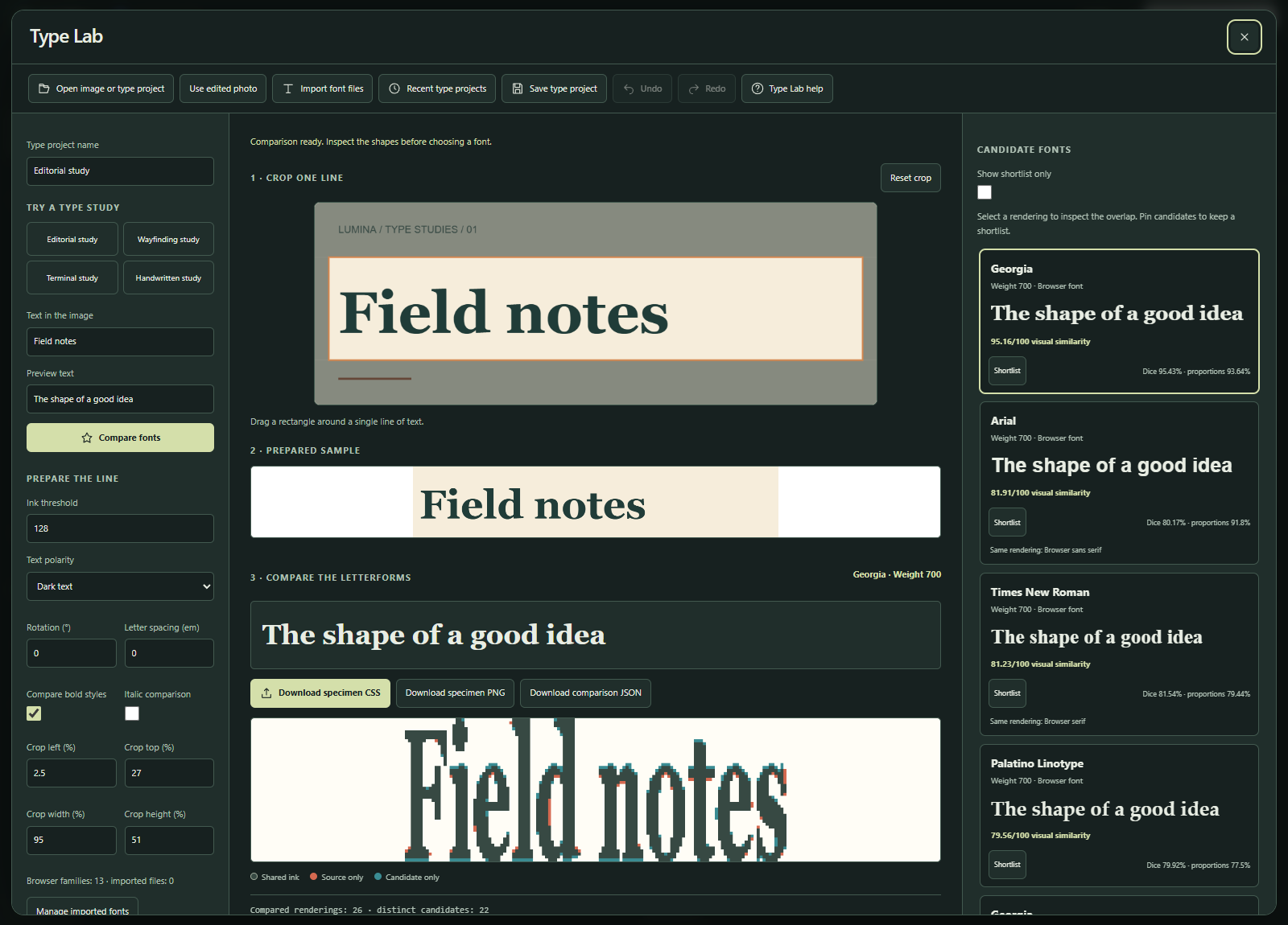 Type Lab comparing a cropped lettering sample with candidate fonts