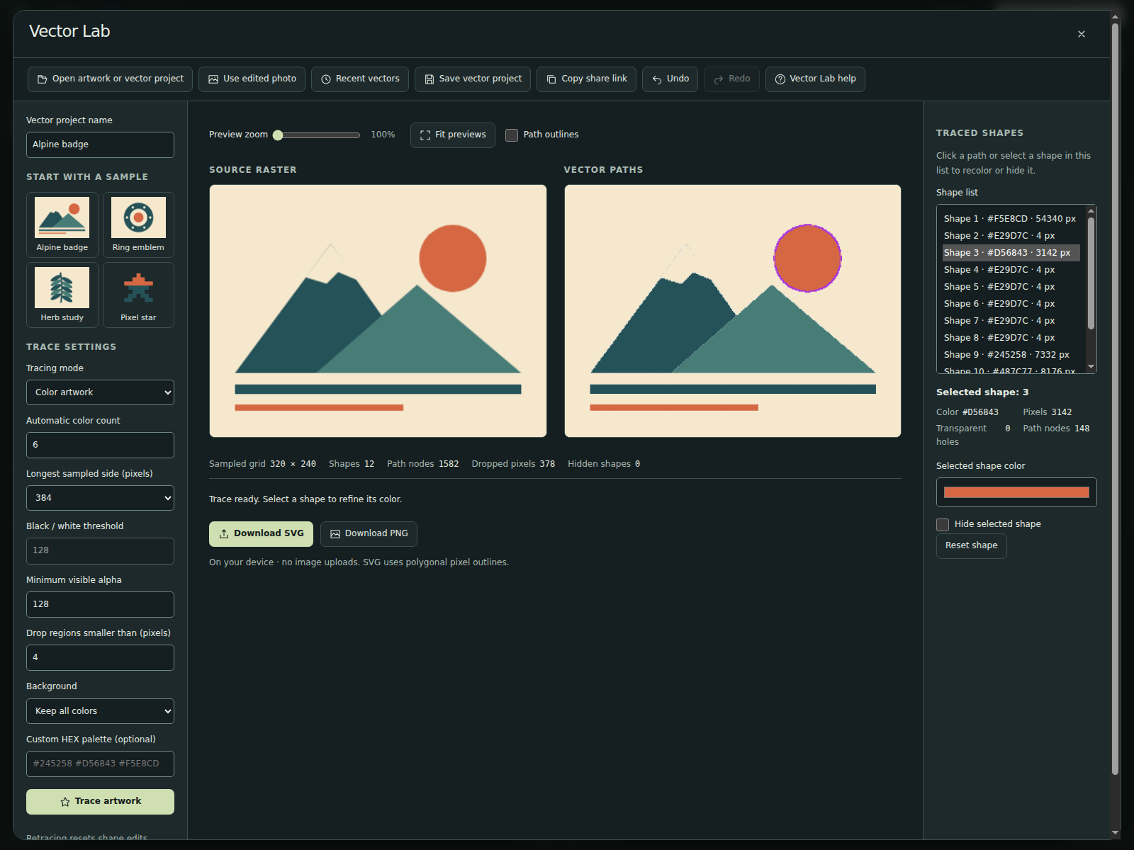 Vector Lab comparing a raster badge and its traced SVG